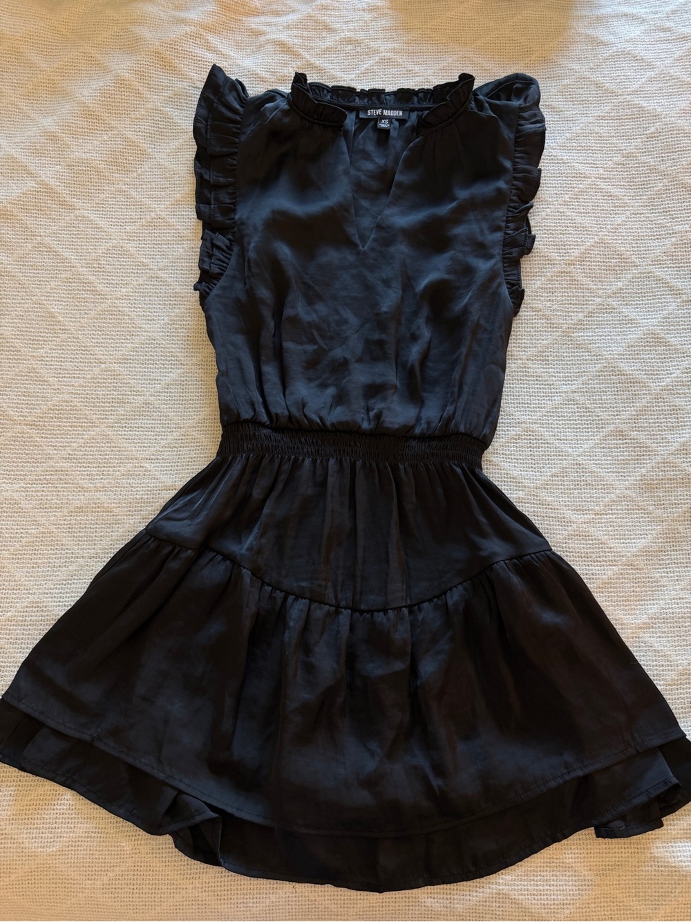 Steve Madden Black Satin Prairie Dreams Ruffle Mini Dress XS